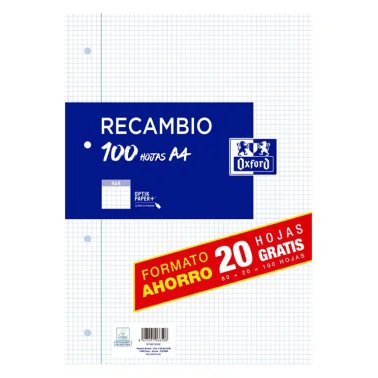 Recambio Oxford A4 80+20 Hojas 90g Cuadrícula 4 mm